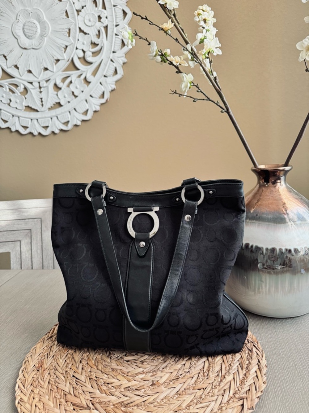 Authentic Salvatore Ferragamo Black Tote Jacquard with Silver Hardware